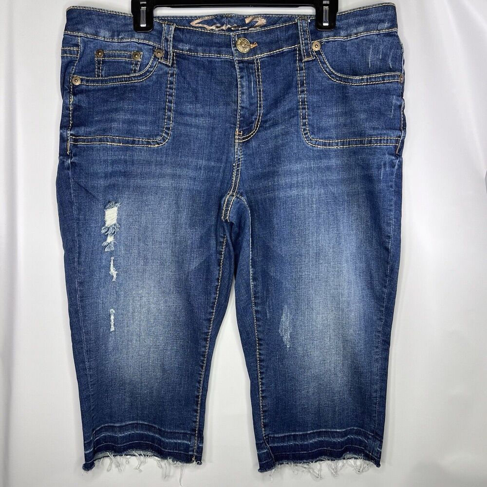7 For All Mankind Luxe Women’s Distressed Dark Mid Rise Raw Edge Capri Size 16